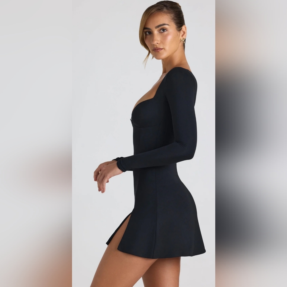 DEVI Modal Bow-Detail Sweetheart-Neck A-line mini dress, black, US 12 UK 16, NWT - Picture 3 of 12